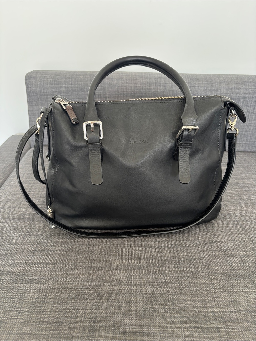RUDSAK Black Leather Tote Satchel with Shoulder Strap
